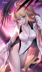 Rule 34 | 1girl, bare shoulders, blonde hair, blue eyes, breasts, cleavage, collarbone, competition swimsuit, covered navel, fate/grand order, fate (series), glasses, hair between eyes, hand in own hair, hip focus, jacket, jeanne d&#039;arc (fate), jeanne d&#039;arc (ruler) (fate), jeanne d&#039;arc (swimsuit archer) (fate), jeanne d&#039;arc (swimsuit archer) (second ascension) (fate), kousaki rui, large breasts, long hair, ocean, off shoulder, one-piece swimsuit, open clothes, open jacket, open mouth, palm tree, smile, solo, sunset, swimsuit, thighs, tree, very long hair, wet, whistle, whistle around neck