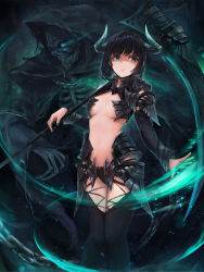 Rule 34 | 1girl, absurdres, aqua eyes, armor, aura, black hair, black thighhighs, breasts, cleavage, closed mouth, crystalherb, detached sleeves, fingernails, highres, holding, holding weapon, horns, kama (weapon), nail polish, navel, no bra, original, pauldrons, shaded face, short hair, shoulder armor, sickle, solo, standing, thighhighs, weapon