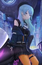 Rule 34 | 1girl, absurdres, beret, blue eyes, blue hair, choker, city, cyberpunk, drone, earrings, hat, highres, hololive, hoshimachi suisei, hoshimachi suisei (streetwear), jacket, jewelry, lace, lace choker, leaning on object, long hair, motor vehicle, motorcycle, neck ribbon, off shoulder, official alternate costume, orange pantyhose, pantyhose, parted lips, ribbon, shirt, sleeveless, sleeveless shirt, solo, thigh strap, virtual youtuber, yihsien