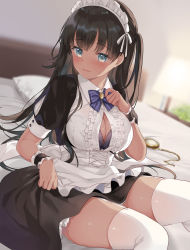 Rule 34 | 1girl, absurdres, apron, black dress, black hair, blue eyes, breasts, cleavage, closed mouth, collared shirt, commentary request, dress, frilled apron, frills, garter straps, highres, kurasawa moko, large breasts, long hair, looking at viewer, maid, maid headdress, on bed, one eye closed, one side up, original, pillow, shirt, sitting, solo, sweat, thighhighs, very long hair, white apron, white shirt, white thighhighs