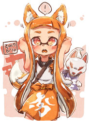 Rule 34 | !, 1girl, animal ears, apron, bad id, bad pixiv id, blunt bangs, blush, colored tongue, commentary, covering own ears, cowboy shot, fang, fox ears, fox tail, frown, harutarou (orion 3boshi), highres, inkling, inkling girl, inkling player character, japanese clothes, kemonomimi mode, kimono, kitsune, long hair, looking at viewer, motion lines, nintendo, open mouth, orange apron, orange eyes, orange hair, orange tongue, pointy ears, shirt, solo, splatoon (series), splatoon 1, spoken exclamation mark, standing, tail, tasuki, tentacle hair, waist apron, white shirt, yukata