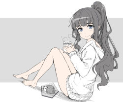 Rule 34 | 1girl, bare legs, barefoot, blue eyes, closed mouth, commentary, cup, english commentary, grey background, grey hair, hedgehog, holding, long hair, long sleeves, looking at viewer, looking back, naked sweater, new game!, off shoulder, ponytail, simple background, smile, solo, steam, sweater, takimoto hifumi, tonee, very long hair
