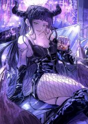 Rule 34 | 1girl, alternate costume, black footwear, black gloves, black hair, black nails, black sleeves, blunt bangs, boots, bottle, breasts, cleavage, commentary request, cup, dangle earrings, demon horns, detached sleeves, earrings, elbow gloves, fishnet pantyhose, fishnets, gloves, granblue fantasy, green eyes, highres, hime cut, holding, holding cup, horns, jewelry, knee boots, long hair, looking at viewer, magus (granblue fantasy), medium breasts, muramitsu (d3jgv), open mouth, pantyhose, single detached sleeve, single leg pantyhose, sitting, smile, solo, thigh strap