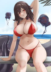Rule 34 | 1girl, arm up, azur lane, beach, bench, bikini, blazingchaos, blue sky, breasts, brown hair, cleavage, collarbone, day, highres, horns, large breasts, long hair, looking at viewer, navel, ocean, outdoors, parted lips, red bikini, red eyes, royal fortune (azur lane), royal fortune (eyes on the prize) (azur lane), sitting, sky, smile, solo, swimsuit, thighs