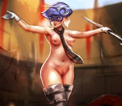 Rule 34 | 1girl, arena, between breasts, blonde hair, blue hat, blue mage (final fantasy), breasts, colosseum, cowboy shot, domino mask, exhibitionism, female pubic hair, final fantasy, final fantasy xiv, gloves, hat, hyur, lips, mask, medium breasts, mrkg (arsfatuus), naked necktie, necktie, necktie between breasts, nipples, nude, pubic hair, public indecency, pussy, shiny skin, short hair, smile, solo, staff, sweat, thighhighs, white gloves