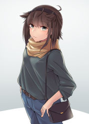 Rule 34 | 1girl, absurdres, alternate costume, bag, belt, black hairband, blush, breasts, brown hair, denim, green sweater, grey background, grey eyes, hachimaki, hair flaps, hairband, handbag, hatsuzuki (kancolle), headband, highres, jeans, kantai collection, kiritto, looking at viewer, medium breasts, pants, parted lips, scarf, simple background, solo, standing, sweater, yellow scarf