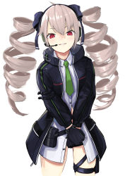 Rule 34 | 1girl, absurdres, black gloves, black jacket, blush, drill hair, girls&#039; frontline, gloves, green necktie, grey hair, hair ribbon, headphones, headset, highres, holster, jacket, long hair, long sleeves, mari0ball, necktie, pouch, pp-90 (girls&#039; frontline), red eyes, ribbon, simple background, solo, thigh holster, twin drills, twintails, white background