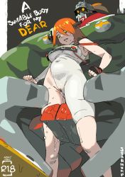 Rule 34 | 1boy, 1girl, a.b.a, armpits, bare shoulders, black gloves, blush, covered navel, dripping, english text, fingerless gloves, fingernails, gloves, green eyes, guilty gear, hair between eyes, helmet, highres, key, medium hair, muscular, muscular male, no pupils, orange eyes, orange hair, parted lips, potemkin (guilty gear), pussy juice, pussy juice trail, signature, single glove, size difference, starhump, sweat