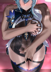 Rule 34 | 1boy, 1girl, absurdres, black thighhighs, blue cape, blue hair, blue neckwear, blurry, blush, bodystocking, grabbing another&#039;s breast, breasts, cape, center opening, clothed female nude male, clothing cutout, cowboy shot, curvy, depth of field, eula (genshin impact), fingering, fingering through clothes, from behind, genshin impact, grabbing, grabbing from behind, groping, high-waist shorts, highres, huge filesize, large breasts, medium hair, motion blur, nude, out of frame, perfellcsaiko, plump, reach-around, shorts, shoulder cutout, thighhighs, thighs, through clothes, trembling, zettai ryouiki