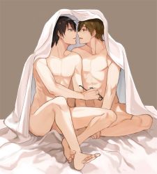 Rule 34 | 10s, 2boys, barefoot, bed, black hair, blue eyes, brown hair, collarbone, completely nude, couple, eye contact, eyebrows hidden by hair, free!, glasses, green eyes, hair between eyes, half-closed eyes, imminent kiss, looking at another, male focus, multiple boys, nanase haruka (free!), neck, nonhomo gyunyu, nude, on bed, open mouth, short hair, sitting, smile, tachibana makoto, unworn eyewear, yaoi