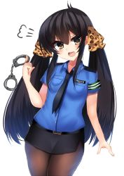 Rule 34 | 1girl, :d, animal print, armband, bad id, bad pixiv id, belt, belt buckle, black belt, black hair, black necktie, black skirt, blue shirt, blush, breasts, brown eyes, buckle, collared shirt, commentary request, cowboy shot, cuffs, hair ribbon, handcuffs, highres, idolmaster, idolmaster cinderella girls, leopard print, long hair, looking at viewer, matoba risa, miniskirt, necktie, open mouth, pantyhose, pencil skirt, police, police uniform, policewoman, print ribbon, ribbon, ricroot, shirt, short sleeves, sidelocks, simple background, skirt, small breasts, smile, solo, standing, tsurime, twintails, uniform, very long hair, white background