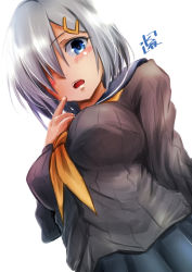 Rule 34 | 1girl, blue eyes, blue sailor collar, blue skirt, blush, breasts, brown sweater, from below, hair ornament, hair over one eye, hairclip, hamakaze (kancolle), highres, kantai collection, large breasts, looking at viewer, looking down, mizuya chiharu, neckerchief, open mouth, ribbed sweater, sailor collar, school uniform, serafuku, short hair, silver hair, skirt, solo, standing, sweater, white background, yellow neckerchief