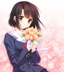 Rule 34 | 1girl, black hair, blush, bouquet, brown eyes, buttons, carnelian, collarbone, floral background, flower, holding, holding bouquet, katou megumi, long sleeves, looking at viewer, looking to the side, own hands together, parted lips, ribbon, saenai heroine no sodatekata, school uniform, serafuku, short hair, solo