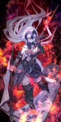 Rule 34 | 1girl, ahoge, armor, armored dress, bare shoulders, breasts, chain, cleavage, fate (series), fire, flag, gauntlets, hair between eyes, headpiece, highres, holding, holding lance, holding polearm, holding weapon, jeanne d&#039;arc (fate), jeanne d&#039;arc alter (avenger) (fate), jeanne d&#039;arc alter (avenger) (third ascension) (fate), jeanne d&#039;arc alter (fate), lack, lance, large breasts, long hair, open mouth, polearm, silver hair, smile, solo, spear, sword, thighhighs, tsurime, weapon, yellow eyes