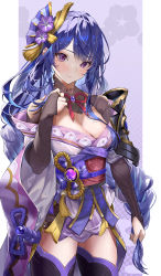 Rule 34 | 1girl, absurdres, armor, black gloves, black thighhighs, blush, braid, breasts, bridal gauntlets, chinese knot, cleavage, closed mouth, cowboy shot, flower, genshin impact, gloves, hair flower, hair ornament, highres, holding, holding own hair, japanese clothes, kimono, kurokawa heuy, long hair, long sleeves, looking at viewer, low-braided long hair, low-tied long hair, medium breasts, mole, mole under eye, obiage, obijime, off shoulder, pillarboxed, purple background, purple eyes, purple flower, purple hair, purple kimono, raiden shogun, sash, short kimono, shoulder armor, shrug (clothing), sidelocks, single braid, solo, swept bangs, tassel, thighhighs, two-tone background, very long hair, vision (genshin impact), white background, wide sleeves, zettai ryouiki