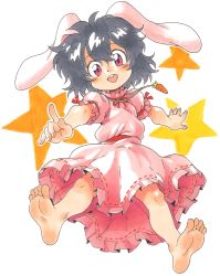 Rule 34 | 1girl, animal ears, barefoot, black hair, blush, rabbit ears, carrot, dress, feet, full body, inaba tewi, jewelry, marker (medium), necklace, oyatsu (mk2), pointing, red eyes, short hair, short sleeves, smile, soles, solo, toes, touhou, traditional media