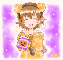 Rule 34 | 1girl, animal ears, artist name, bare shoulders, brown hair, candy, commentary request, creatures (company), dated, closed eyes, facing viewer, fake animal ears, food, freckles, game freak, gen 1 pokemon, girls und panzer, halloween, halloween costume, holding, holding food, jack-o&#039;-lantern, kuromori yako, lion ears, lollipop, long sleeves, nintendo, notice lines, off-shoulder sweater, off shoulder, one-hour drawing challenge, open mouth, orange sweater, pokemon, pokemon (creature), short hair, smile, solo, staryu, sweater, tsuchiya (girls und panzer), upper body