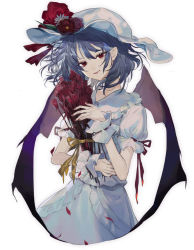 Rule 34 | 1girl, arm garter, bat wings, blue hair, bouquet, collar, floating hair, flower, frilled collar, frills, hat, hat flower, hat ribbon, holding, holding bouquet, looking at viewer, nail polish, petals, pointy ears, puffy short sleeves, puffy sleeves, red eyes, red flower, red ribbon, red rose, remilia scarlet, ribbon, rose, shirt, short hair, short sleeves, sidelocks, simple background, skirt, skirt set, smirk, solo, tian (my dear), touhou, white background, white shirt, white skirt, wings, wrist cuffs, yellow ribbon