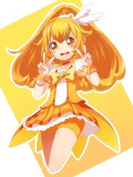 Rule 34 | 10s, 1girl, bike shorts, bike shorts under skirt, blonde hair, bow, bowtie, brooch, choker, cure peace, double v, dress, full body, hair flaps, hair ornament, hairpin, highres, jewelry, kise yayoi, konya (chocolate palette), long hair, magical girl, nervous, orange bow, orange bowtie, precure, shorts, shorts under skirt, skirt, smile precure!, solo, tears, v, wide ponytail, yellow background, yellow bow, yellow dress, yellow eyes, yellow shorts, yellow skirt, yellow theme