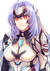 Rule 34 | 1girl, blank stare, blue hair, bodysuit, breasts, forehead protector, fuwamoko momen toufu, headgear, highres, jewelry, kos-mos, kos-mos re:, large breasts, long hair, parted bangs, purple hair, red eyes, robot, serious, simple background, solo, taut clothes, upper body, white background, xenoblade chronicles (series), xenoblade chronicles 2, xenosaga