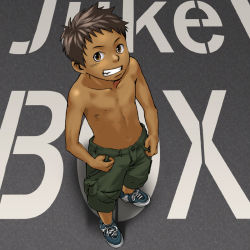 Rule 34 | 1boy, brown eyes, brown hair, brown theme, child, full body, grin, male focus, shorts, simple background, smile, solo, standing, tan, topless male, tsukumo gou, yellow eyes