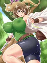 Rule 34 | 1girl, archfiend marmot of nefariousness, ass, aussa (yu-gi-oh!), aussa the earth charmer, bare shoulders, belt, bike shorts, breasts, brown eyes, brown hair, chestnut mouth, coat, covered erect nipples, duel monster, fingerless gloves, from below, gauntlets, glasses, gloves, highres, horns, huge breasts, impossible clothes, impossible shirt, looking at viewer, looking down, maeda r44, open mouth, shiny skin, shirt, short hair, single horn, skindentation, turtleneck, yu-gi-oh!, yu-gi-oh! duel monsters