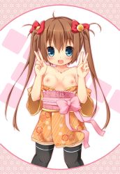 Rule 34 | 1girl, bare shoulders, blue eyes, blush, bow, breasts, brown hair, double v, fang, highres, japanese clothes, karaage3, long hair, looking at viewer, nipples, open mouth, original, smile, solo, thighhighs, twintails, v