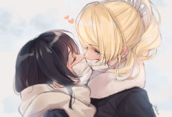Rule 34 | 2girls, artist name, ayase eli, bad id, bad pixiv id, black coat, black hair, blonde hair, blue eyes, blush, coat, couple, closed eyes, hair ornament, hair scrunchie, half-closed eyes, heart, indirect kiss, kiss, looking at another, love live!, love live! school idol project, mask, mouth mask, multiple girls, ponytail, scarf, scrunchie, sidelocks, surgical mask, tojo nozomi, upper body, white scarf, white scrunchie, winter clothes, yuri, zawawa (satoukibi1108)