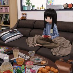 Rule 34 | 1girl, absurdres, backpack, bag, black eyes, black hair, blunt bangs, book, bottle, closed mouth, controller, couch, cup, cushion, food, fruit, game controller, highres, holding, indoors, long hair, long sleeves, orange (fruit), origami, original, pants, paper, plant, plate, potted plant, randoseru, remote control, sa1bi, shelf, signature, sitting, solo, stuffed animal, stuffed fox, stuffed toy, table, tissue, tissue box, wii remote, window