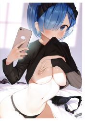 Rule 34 | 1girl, absurdres, black panties, blue eyes, blue hair, blush, bra, breasts, cellphone, clothes lift, covering nipples, covering privates, gaou (umaiyo puyoman), hair ornament, hair over one eye, highres, huge filesize, large breasts, looking at viewer, mouth hold, navel, non-web source, panties, phone, re:zero kara hajimeru isekai seikatsu, rem (re:zero), ribbed sweater, scan, selfie, short hair, smartphone, solo, sweater, sweater lift, underwear, unworn bra, x hair ornament