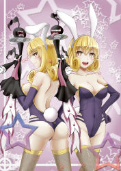 Rule 34 | 2girls, absurdres, aeolian achtelnote, animal ears, ass, bare back, bare shoulders, blonde hair, breasts, rabbit ears, rabbit tail, cleavage, cototiworld, covered navel, curly hair, elbow gloves, fake animal ears, fishnet legwear, fishnets, gloves, hand on own hip, headband, highres, ionian achtelnote, large breasts, medium breasts, multiple girls, musical note, open mouth, playboy bunny, short hair, siblings, sisters, smile, star (symbol), starry background, symbol-shaped pupils, tail, teeth, thighhighs, thighs, tongue, tray, yellow eyes, yumekui merry