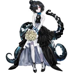Rule 34 | 1girl, black hair, black surge night, boots, bouquet, bow, breasts, cleavage, closed mouth, dress, flower, full body, hair between eyes, hair ornament, hair over one eye, holding, holding bouquet, luetzow (black surge night), medium breasts, official art, pale skin, pantyhose, ran (bukeranwu), red eyes, ribbon, rose, short hair, solo, tentacles, transparent background, wedding dress, white bow, white pantyhose, yellow flower, yellow rose
