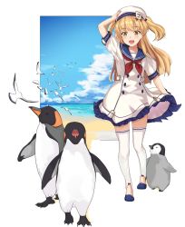 Rule 34 | 10s, 1girl, adjusting clothes, adjusting headwear, anchor symbol, bird, blonde hair, blush, cang you xi, hat, highres, idolmaster, idolmaster cinderella girls, jougasaki rika, long hair, looking away, looking to the side, neckerchief, open mouth, penguin, red neckerchief, smile, solo, teeth, thighhighs, white hat, white thighhighs, yellow eyes
