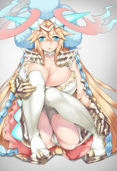 Rule 34 | 1girl, blonde hair, blue eyes, blush, breasts, cameltoe, cleavage, cleft of venus, curvy, headdress, horns, huge breasts, ion (cation), long hair, looking at viewer, open mouth, puzzle &amp; dragons, sakuya (p&amp;d), sitting, solo, thick thighs, thighs, very long hair, wide hips