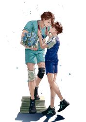 Rule 34 | 1boy, 2boys, aged down, aoba johsai volleyball uniform, aqua pants, aqua shirt, bad id, bad twitter id, black footwear, blue shirt, blue shorts, blush, bouquet, brown eyes, brown hair, flower, haikyuu!!, hand on another&#039;s head, height difference, highres, holding, holding bouquet, hq yunak, knee pads, looking at another, male focus, multiple boys, oikawa tooru (haikyuu!!), pants, shirt, short hair, short sleeves, shorts, sportswear, time paradox, volleyball uniform