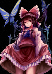 Rule 34 | 1girl, ascot, black background, blurry, bow, brown hair, bug, butterfly, clothes lift, detached sleeves, frills, hair bow, hair ornament, hair tubes, hakurei reimu, highres, insect, japanese clothes, kachayori, lips, long hair, long sleeves, looking at viewer, miko, open mouth, red eyes, shirt, simple background, skirt, skirt lift, skirt set, solo, star (sky), touhou, wide sleeves