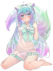 Rule 34 | 1girl, ahoge, animal ear fluff, animal ears, barefoot, bikini, blue eyes, bow, collarbone, dress, fox ears, fox tail, frilled dress, frills, full body, gradient hair, green bow, green hair, hair between eyes, hair intakes, hair ornament, hair over shoulder, hairclip, highres, jewelry, key, key necklace, long hair, looking at viewer, multicolored hair, multicolored tail, necklace, on floor, open mouth, original, pink hair, purple hair, sailor collar, see-through, see-through dress, shiro youduki, simple background, sitting, sleeveless, sleeveless dress, solo, string bikini, striped bikini, striped clothes, swimsuit, tail, very long hair, wariza, white background
