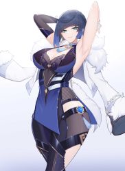 Rule 34 | 1girl, absurdres, armpits, arms behind head, arms up, asymmetrical gloves, bead necklace, beads, black gloves, black hair, blue eyes, blue gemstone, blue hair, bob cut, bodystocking, bodysuit, breasts, cleavage, cowboy shot, diagonal bangs, dice, earrings, elbow gloves, fingerless gloves, fishnets, fur-trimmed jacket, fur trim, gem, genshin impact, gloves, highres, jacket, jewelry, large breasts, layered clothes, looking at viewer, necklace, pelvic curtain, short hair, sidelocks, simple background, sleeveless, smile, solo, tassel, ultra-13, unworn jacket, walking, white background, white gloves, white jacket, yelan (genshin impact)