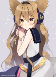 Rule 34 | 1girl, alternate hair length, alternate hairstyle, bare shoulders, belt, black sailor collar, blush, bracelet, brown hair, closed mouth, dress, frills, from side, grey background, headphones, highres, jewelry, long hair, looking at viewer, looking to the side, momomaron, sailor collar, simple background, sleeveless, sleeveless dress, smile, solo, touhou, toyosatomimi no miko, twitter username, v-shaped eyebrows, very long hair, wavy mouth, white dress, yellow eyes