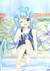 Rule 34 | 1girl, bad id, bad pixiv id, bare arms, bare legs, bare shoulders, barefoot, bench, blue eyes, blue hair, blue one-piece swimsuit, blush, checkered floor, collarbone, commentary request, feet, gochuumon wa usagi desu ka?, hair between eyes, hair ornament, head tilt, highres, holding, holding hose, hose, kafuu chino, long hair, looking at viewer, one-piece swimsuit, one eye closed, open mouth, pool ladder, poolside, round teeth, school swimsuit, shiraki shiori, sitting, solo, swimsuit, teeth, toenails, upper teeth only, very long hair, water, x hair ornament
