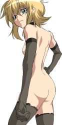 Rule 34 | 1girl, akatsuki kirika, ass, black gloves, black thighhighs, blonde hair, choker, cosplay, cowboy shot, elbow gloves, fine (symphogear), fine (symphogear) (cosplay), from behind, frown, gloves, green eyes, hand on own hip, lace, lace-trimmed gloves, lace-trimmed legwear, lace trim, looking down, mototenn, nude, senki zesshou symphogear, solo, thighhighs, white background