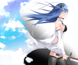 Rule 34 | 1girl, azur lane, bare shoulders, blue eyes, blue hair, blue sky, blush, breasts, closed mouth, cloud, cloudy sky, commentary request, day, detached sleeves, dress, floating hair, holding, holding sword, holding weapon, horns, ibuki (azur lane), katana, kogyokuapple, long hair, long sleeves, looking away, medium breasts, outdoors, profile, sky, sleeveless, sleeveless dress, solo, sword, very long hair, weapon, white dress, wide sleeves