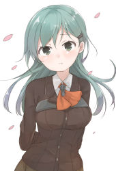 Rule 34 | 10s, 1girl, aqua eyes, aqua hair, ascot, bad id, bad pixiv id, breasts, hair ornament, hairclip, jacket, kantai collection, loafers, long hair, murakami meishi, petals, pout, pouty lips, school uniform, shoes, simple background, skirt, solo, suzuya (kancolle)