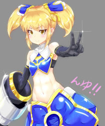 Rule 34 | 1girl, abs, armored gloves, blonde hair, blue bow, blue skirt, bow, chinese clothes, dudou, flat chest, gauntlets, hair ornament, mika returna, rabittofaa, short twintails, skirt, smile, twintails, under night in-birth, under night in-birth exe:late[st], v, yellow eyes