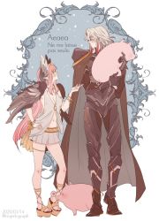 Rule 34 | 1boy, 1girl, armlet, armor, artist name, blush, body armor, breasts, cape, circe (fate), dated, diadem, fate/grand order, fate (series), feathered wings, feathers, french text, head wings, heart, height difference, highres, jewelry, long hair, looking at another, multicolored eyes, multicolored hair, necklace, odysseus (fate), pig, pink hair, platform footwear, pointy ears, red hair, sai (non-collier), simple background, skirt, small breasts, tunic, two-tone hair, white hair, white skirt, wings