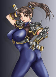 Rule 34 | 1041 (toshikazu), 1girl, armor, ass, bad anatomy, bodysuit, breasts, brown eyes, brown hair, covered erect nipples, large breasts, long hair, looking at viewer, ninja, no mask, ponytail, skin tight, solo, soul calibur, soulcalibur iii, standing, taki (soulcalibur)