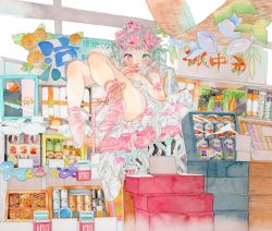 Rule 34 | 1girl, animal ears, ankle ribbon, blush, box, bread, can, candy, commentary request, dress, flower, food, frilled dress, frills, green eyes, hair flower, hair ornament, hair ribbon, heterochromia, highres, leg ribbon, long hair, looking at viewer, lying, nanakami mana, on back, original, painting (medium), pastry, pink dress, pink legwear, pink ribbon, plant, plastic bottle, purple eyes, ribbon, shop, solo, tabi, tail, traditional media, two-tone dress, very long hair, watercolor (medium), white dress, white hair
