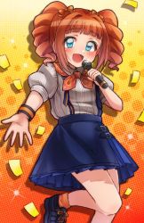 Rule 34 | 81 (mellowry), beige shirt, black footwear, blue eyes, blue skirt, blush, commentary request, confetti, gradient background, hair ornament, hair ribbon, highres, holding, holding microphone, idolmaster, idolmaster (classic), idolmaster million live!, idolmaster million live! theater days, leg up, legs, long hair, looking at viewer, microphone, neckerchief, open mouth, orange background, orange hair, orange neckerchief, orange socks, polka dot, polka dot background, puffy short sleeves, puffy sleeves, ribbon, short sleeves, sidelocks, skirt, smile, socks, solo, summit reburn (idolmaster), suspender skirt, suspenders, takatsuki yayoi, twintails, wing collar, wristband