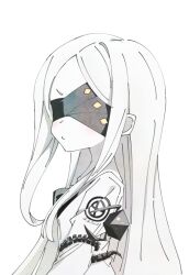 Rule 34 | 1girl, blindfold, blue archive, blush, closed mouth, colored skin, commentary, covered eyes, dress, hanozuku, long hair, long sleeves, ohr (blue archive), simple background, solo, upper body, white background, white dress, white hair, white skin