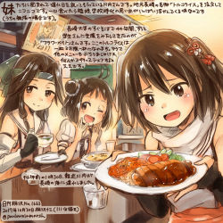 Rule 34 | 3girls, :d, ahoge, black gloves, brown eyes, brown hair, colored pencil (medium), commentary request, cup, dated, double bun, drinking glass, elbow gloves, fingerless gloves, food, gloves, hair bun, hair intakes, half updo, holding, holding cup, holding plate, jintsuu (kancolle), kantai collection, kirisawa juuzou, long hair, multiple girls, naka (kancolle), numbered, one eye closed, open mouth, plate, puffy short sleeves, puffy sleeves, sailor collar, scarf, school uniform, sendai (kancolle), serafuku, short hair, short sleeves, sitting, smile, traditional media, translation request, twitter username, two side up, white sailor collar, white scarf